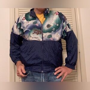 WOMENS VINTAGE BLUE POLY WINDBREAKER JACKET 80S GRANNY MOM COTTAGE VEGAS CORE